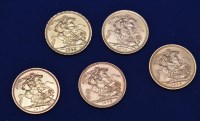 Lot 133 - Five Elizabeth II gold sovereigns, dates...