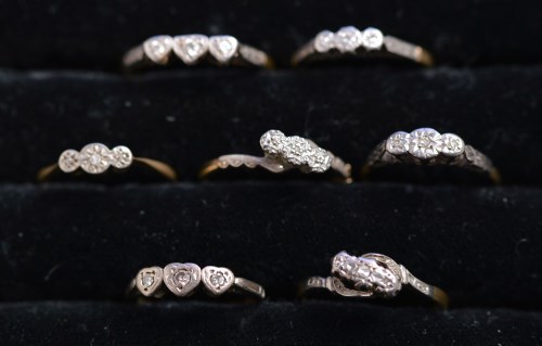 Lot 226 - Seven three-stone diamond rings, all in...