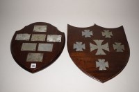 Lot 181 - A mahogany and an oak shield mounted with...