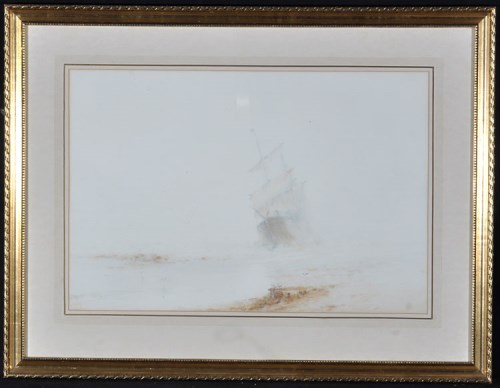 Lot 185 - William Baker - a misty coastal scene with a...