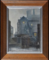 Lot 303 - John Heslop - a dock land scene with a canal...