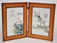 Lot 452 - Pair of Chinese framed tile panels, painted...