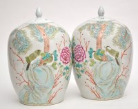 Lot 492 - Pair of Chinese Famille Rose ovoid vases and...