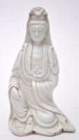 Lot 493 - Chinese Dehua figure of Guanyin, seated with...