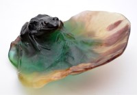 Lot 574 - Daum Pate de Verre frog on a leaf dish,...