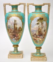 Lot 624 - Pair of Copeland turquoise-green ground vases,...