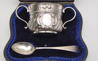 Lot 699 - A Victorian christening porringer and spoon,...