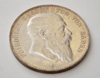 Lot 788 - A 1902 German (Baden) five marks piece.