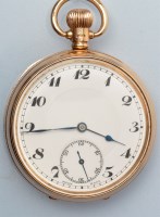 Lot 830 - A 9ct. gold crown wind open faced pocket watch,...