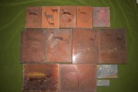 Lot 1189 - A set of six copper printing plates on wooden...