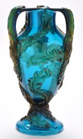 Lot 339 - Three-handled blue glass urn-shaped vase, with...