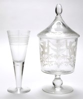 Lot 348 - Large engraved glass goblet and cover, with...