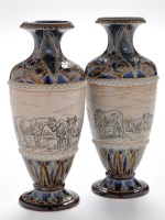 Lot 391 - Pair Doulton, Lambeth stoneware vases, incised...