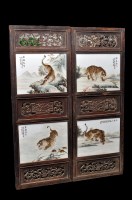 Lot 465 - Pair of Chinese Famille Verte tile mounted...