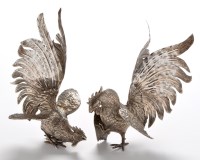 Lot 510 - A pair of fighting cockerel ornaments, 8 3/4in....