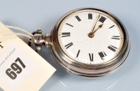 Lot 697 - A late Georgian silver pair cased pocket watch,...