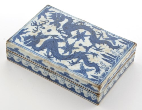 Lot 524 - Blue and white 'dragon' scribe's box and cover,...