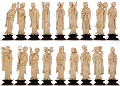 Lot 594 - Rare set of eighteen Chinese carved ivory...