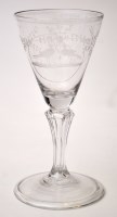 Lot 669 - Engraved Silesian stem wine glass, funnel bowl...