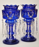 Lot 673 - Pair of enamelled and gilt blue glass lustres,...