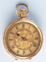 Lot 916 - A Swiss 18k. fob watch, with gilt roman dial,...