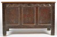 Lot 1310 - An 18th Century oak coffer, the hinged...
