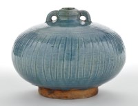 Lot 479 - Blue and green glaze squat jar, the fluted...