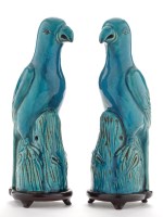 Lot 495 - Pair of blue glaze porcelain parrots, both in...