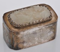 Lot 588 - Jade mounted silver-metal oblong shaped box,...