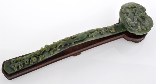 Lot 591 - Spinach jade 'dragon and phoenix' ruyi sceptre,...