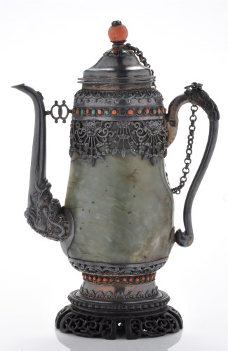 Lot 608 - Silver-metal mounted jade wine pot, probably...