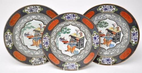 Lot 684 - Set of three Chinese black ground dishes, with...