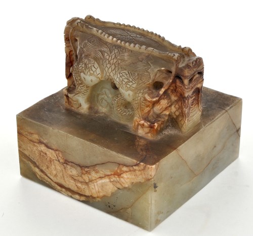 Lot 738 - Large Chinese jade archaistic seal, the handle...