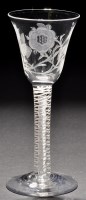 Lot 783 - A Jacobite wine glass, the drawn trumpet bowl...