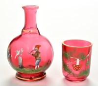 Lot 820 - Small enamel painted cranberry glass decanter...