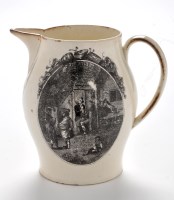 Lot 981 - Printed creamware jug, the cylindrical shaped...