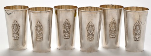 Lot 1164 - A set of six Thai white metal beakers, stamped...