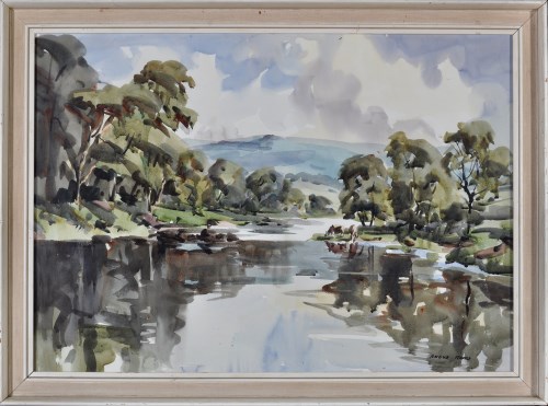 Lot 118 - Angus Rands (1922-1985) A river scene with...