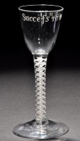 Lot 212 - A Jacobite wine glass, the round funnel bowl...