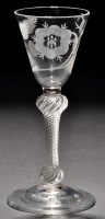 Lot 215 - A Jacobite wine glass, the round funnel bowl...