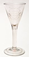 Lot 285 - Engraved plain stem wine glass, drawn funnel...