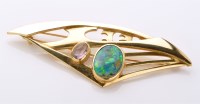 Lot 753 - An opal, gemstone and 18ct. yellow gold brooch,...