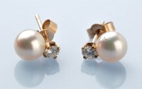 Lot 791 - A pair of cultured pearl and diamond stud...