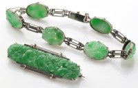 Lot 805 - A jadeite and white metal bracelet, the six...