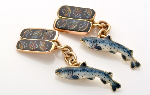 Lot 816 - A pair of enamelled 9ct. yellow gold fishing...