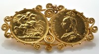 Lot 818 - A gold sovereign brooch, the two Victorian...