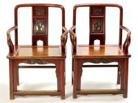 Lot 1237 - A pair of Chinese red stained hardwood chairs,...