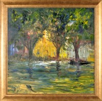 Lot 475 - Colin Moss A TREE-LINED CANAL signed oil on...