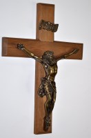 Lot 971 - A bronze and oak crucifix, the bronze...