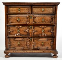 Lot 1098 - A Jacobean oak chest of two short and three...